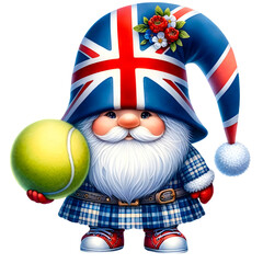 Fototapeta premium Watercolor cute chubby british Gnome clip art. Gnome wearing uk flag color outfit. Gnome holding a tennis ball. Travel gnome theme. 