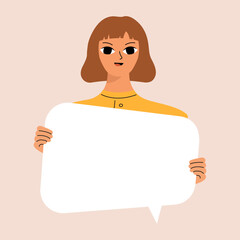 Young woman holding blank placard, poster, mockup. Pretty girl swowing empty presentation. Isolated illustration.