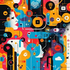 Abstract illustration of interconnected people, technology, and ideas. Colorful, vibrant, and complex, depicting the digital age.