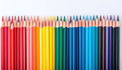 Colored pencils row, colorful crayons, white background