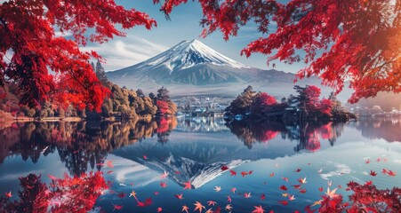 Red leaves frame the majestic Mount Fuji, with clear water reflecting its beauty in autumn