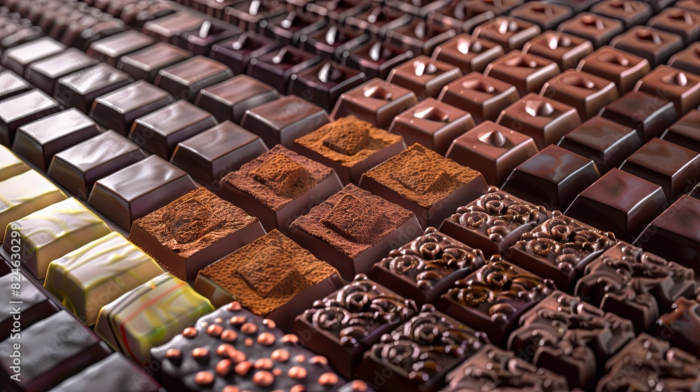 Poster Close up of various types of chocolates neatly arranged, showcasing a diverse range of flavors and types. Generative AI