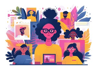 Diverse group of people working on a project together, collaborating on a laptop, surrounded by colorful design elements.