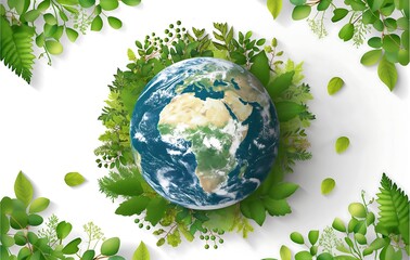 Earth planet with green leaves, white background