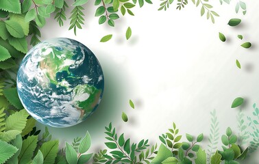 Earth planet with green leaves, white background