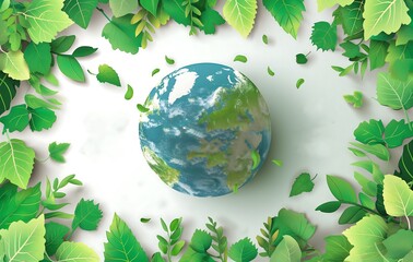 Earth planet with green leaves, white background