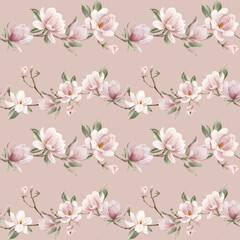 Magnolia branch. Watercolor floral seamless pattern on peach pink background for flower fabric, cosmetic packaging