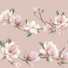 Magnolia branch. Watercolor floral seamless pattern on peach pink background for flower fabric, cosmetic packaging