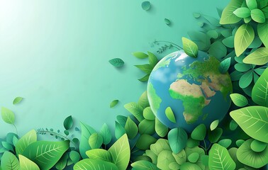 Earth planet illustration with green leaves with green background