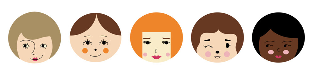Avatar collection, young girlish faces. Chat icons, different faces, female visage. For wrapping paper, textile, branding.