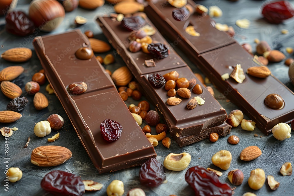 Aufkleber Two pieces of chocolate are topped with nuts and cranberries, creating a visually appealing and appetizing display on a table. Generative AI