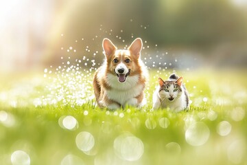 A dog and cat running on green grass, with summer sun shining. Cute and playful pets, highlighting their friendship and bonding. Horizontal. Space for copy.