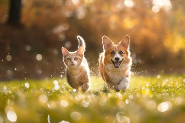 A dog and cat running on green grass, with summer sun shining. Cute and playful pets, highlighting their friendship and bonding. Horizontal. Space for copy.