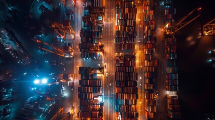 Fototapeta premium Top view of a bustling container terminal at night, illuminated by bright lights under the moon, showcasing organized rows of containers