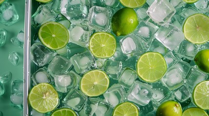 Top view of a cool box filled with ice cubes, lime slices, and refreshing drinks, isolated background with a vibrant, chilled presentation