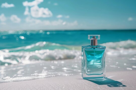 A bottle of turquoise perfume on a background of sea with waves