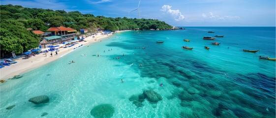 Beachside paradise with crystal blue waters, sandy shores, and a tranquil resort pool under a sunny sky