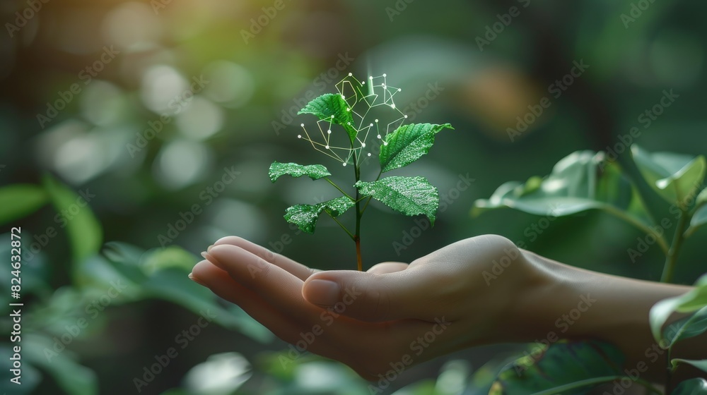 Poster Icon concept in the woman hand for environmental social and governance by using technology of renewable resources to reduce pollution and carbon emission. Generative AI.