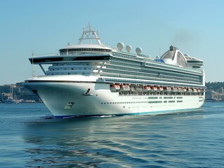 A large, modern cruise ship glides through calm blue waters near a coastal city, symbolizing travel and luxury.