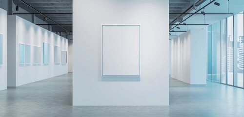 Blank white wall mockup in gallery with powder blue accents, contemporary art exhibitions,