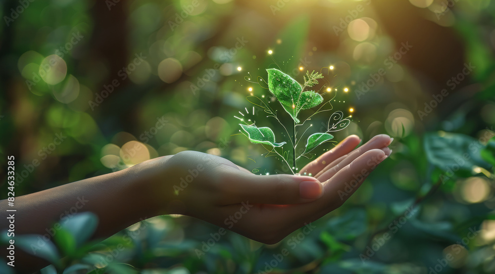 Aufkleber icon concept in the woman hand for environmental social and governance by using technology of renewa