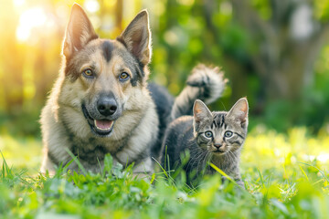 A dog and cat running on green grass, with summer sun shining. Cute and playful pets, highlighting their friendship and bonding. Horizontal. Space for copy.