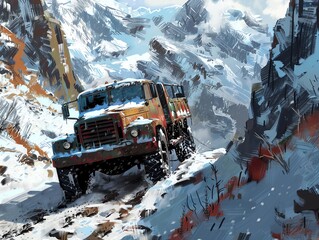A rugged truck navigating through a snowy mountain pass