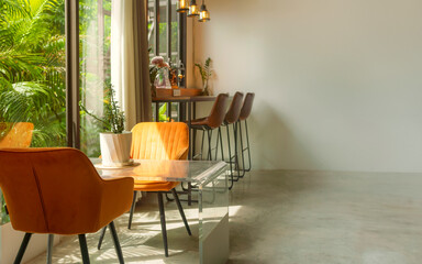 Empty white room and coffee table, orange arm chairs