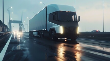 A sleek electric truck driving on a modern highway