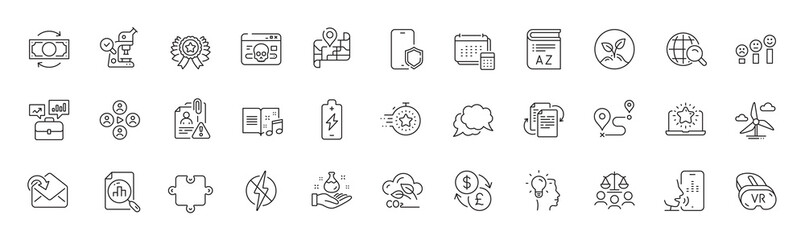 Phone protect, Timer and Windmill turbine line icons. Pack of Change money, Chemistry lab, Voicemail icon. Video conference, Bureaucracy, Battery charging pictogram. Account, Microscope. Vector