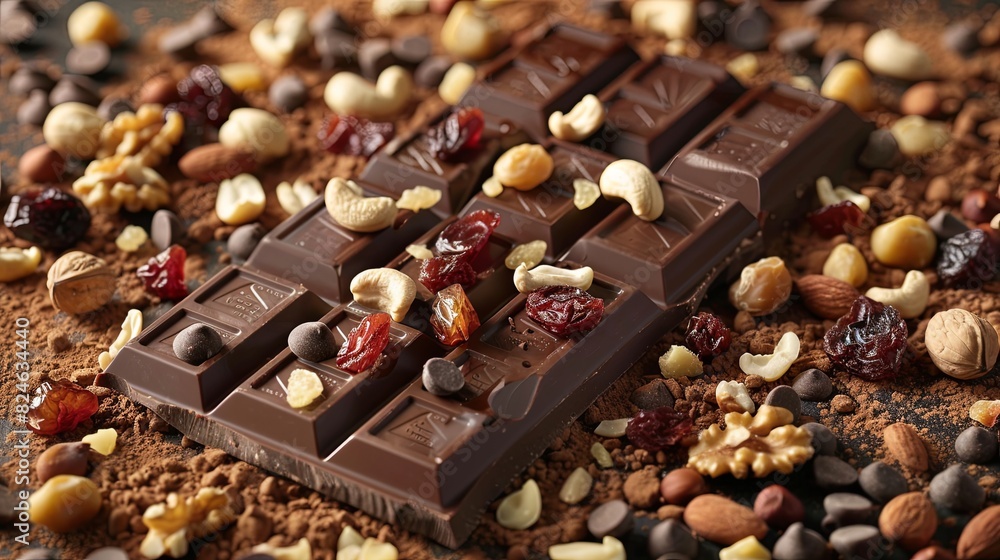Poster A detailed close-up of a chocolate bar filled with crunchy nuts and tart cranberries, creating a rich and appetizing treat. Generative AI
