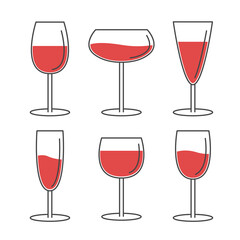 Red wine glass set. Food and drink concept. Menu template. Different shape collection. Black contour outline icon. Shining glossy utensils. Minimal line flat design. White background. Isolated. Vector