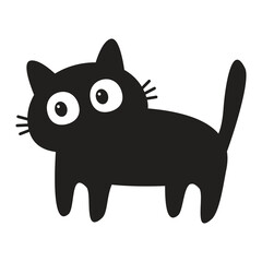Standing playing cat. Black kitten with big eyes face head. Cute cartoon kawaii funny baby pet character. Flat design. Greeting card Tshirt Sticker print Banner template. White background. Vector