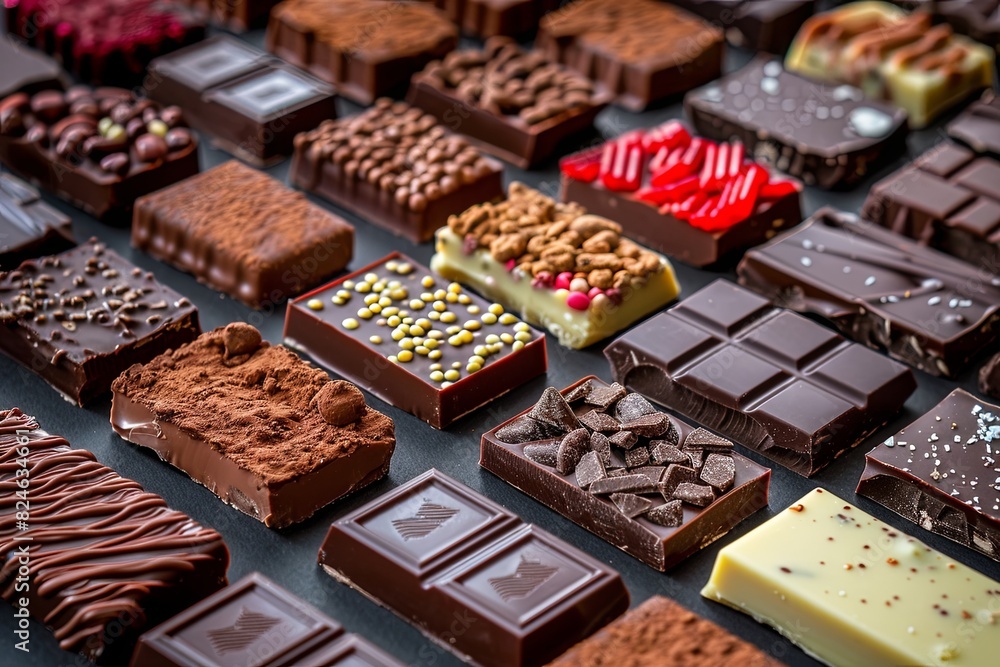 Poster Various types of chocolate bars neatly arranged on a table, showcasing a variety of flavors and types. Generative AI