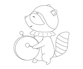 Cute baby circus raccoon with drum. Funny animal. Hand drawn isolated baby outline illustration for coloring book.