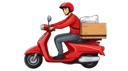Drawing of a delivery man driving a scooter isolated on a transparent background 