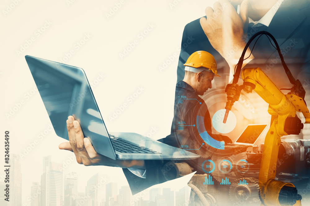 Poster mlb mechanized industry robot arm and factory worker double exposure. concept of robotics technology