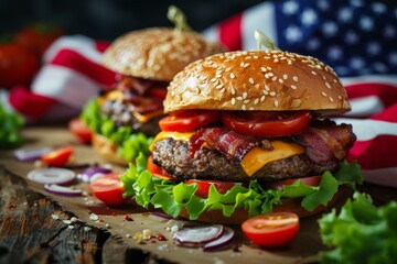 Hearty American burger food. Food beef. Generate Ai