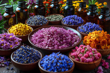 A variety of colorful flowers and herbs are displayed in wooden bowls on a table. The arrangement is vibrant and inviting, with a mix of purple, blue, and yellow flowers