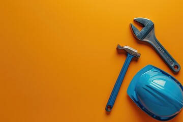 tools and yellow construction helmet on a white background with copy space
