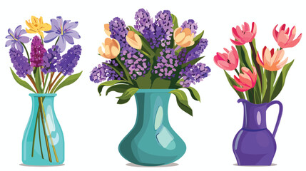 Cartoon jug with flower. Blooming flowers in vases 