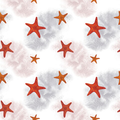 Starfish on a white spotted background. Watercolor illustration. Seamless pattern. For fabrics, textiles and wallpaper, prints, wrapping paper and design