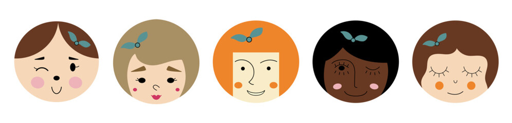 Personage bundle, nice girlish faces. Cartoon character set, different feelings, feminine image. Colorful vector simple elements.