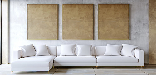 Expansive interior with three blank khaki canvases and white sofa, realistic 3D rendering.