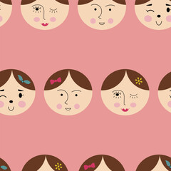 Seamless pattern, cutely girlish faces. Backdrop design, women look. Simple cute shapes, flat vector.