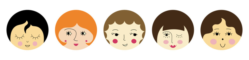 Personage pack, comely girlish faces. Cartoon style, diverse impressions, women appearance. Editable flat illustration.