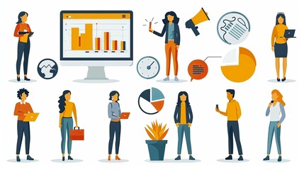 Set of marketing people illustrations. Flat design vector concepts of business marketing, strategy, planning, digital advertising, social media and communication