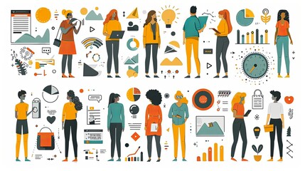 Set of marketing people illustrations. Flat design vector concepts of business marketing, strategy, planning, digital advertising, social media and communication