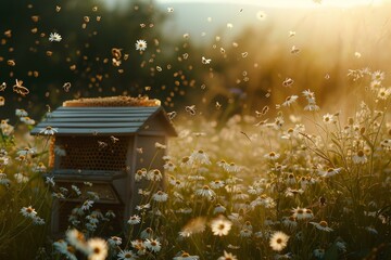 Expansive Beehive wild field art. Medicine food. Generate Ai