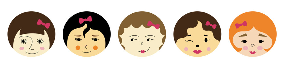 Diverse characters, handsome girlish faces. Bundle graphic, abstract shapes, women countenance. Colored flat illustration.